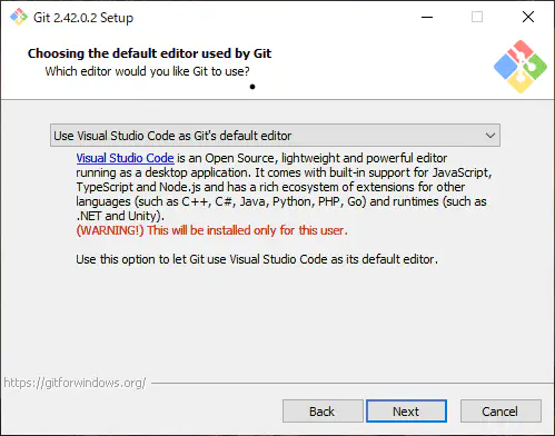 Git for Windowsのエディタ設定画面